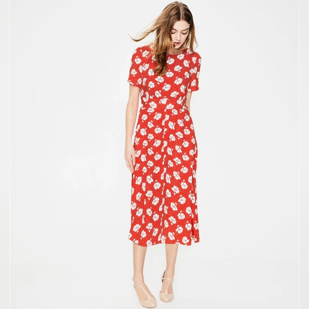 Boden Red Floral Midi Dress with White Print
